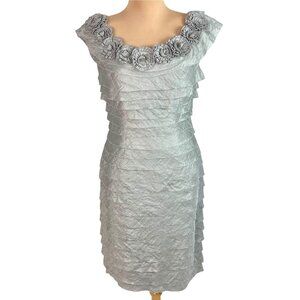 London Times Cocktail Dress Shimmer Ruffle Size 8 Rosette Neck Mother Bride